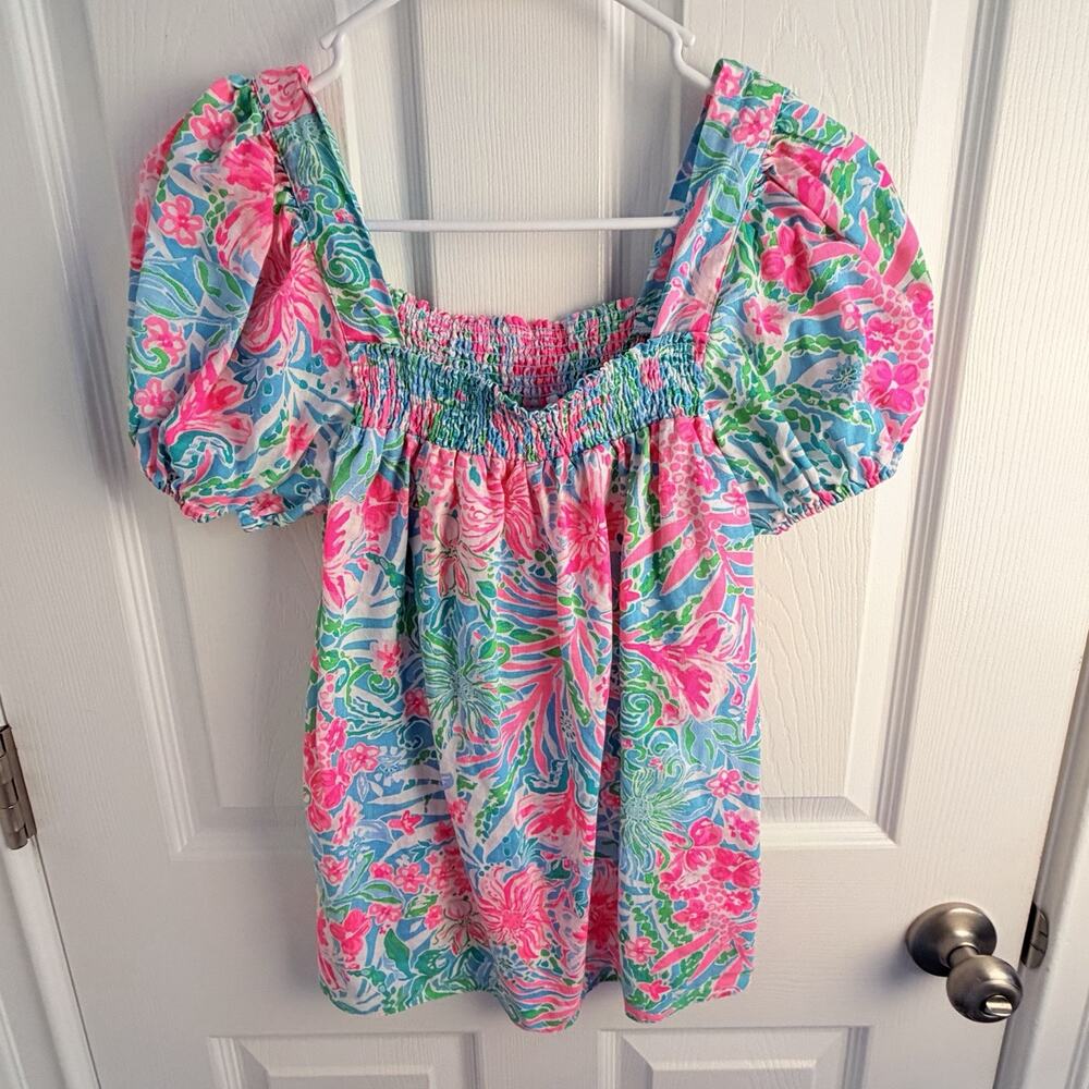 Lilly Pulitzer Keating Puff Sleeve Linen Flowy Top Amalfi Leaf It Wild Floral 0